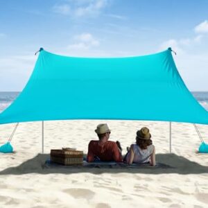 Vibemo 10x10ft Beach Tent with sandbags and stability poles, featuring UPF50+ sun protection