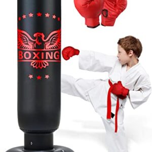 63-Inch Inflatable Punching Bag with Red Gloves – Ideal for Karate, MMA, and Taekwondo Training for Kids and Adults