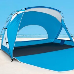 Calen Beach Tent set up on the sand, showing its spacious interior, distinctive cross design, and three large mesh windows, providing ample shade and excellent ventilation for outdoor fun. 
