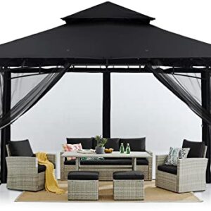 MASTERCANOPY 10x10 Outdoor Garden Gazebo in black with a rustproof steel frame, double-tiered roof, and removable netting walls