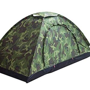 Single-person camouflage camping tent set up in a forest, showcasing its compact design and natural camouflage pattern.