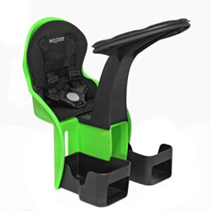 Angaroo Classic Front Mount Bicycle Child Seat in Green - Safe and comfortable with a secure harness, padded bumper, and adjustable foot cups. Universal fit for most adult bikes, designed for children aged 1 year and up.