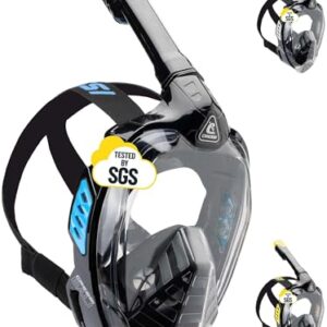 Cressi Bali Full Face Snorkel Mask in Black/Blue, size S/M. Features include a large viewing area, anti-fog and anti-leak technology
