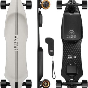 Caribou Electric Skateboard with remote control, featuring 26 miles range, 32 mph top speed, and a sleek black design for adults and teens beginners.
