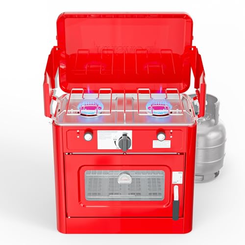 ROVSUN 2-in-1 Portable Camping Stove and Propane Oven in Red – Dual Burner and Full-Function Oven with Piezo Igniter