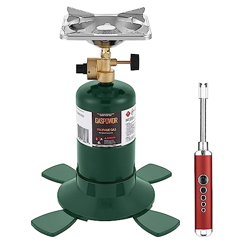 Portable single burner propane stove with USB windproof lighter, ideal for outdoor cooking, camping, and backpacking.