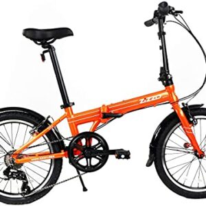 ZiZZO Via 20-inch folding bike featuring a lightweight aluminum frame, Shimano 7-speed gears, and a comfortable saddle in metallic orange, ideal for easy storage and portability.