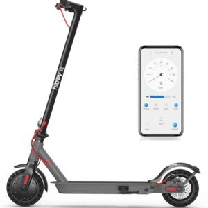 Gray Hiboy S2 Electric Scooter with 8.5-inch solid tires, up to 19 MPH speed, 17-mile range, double braking system, and portable folding design. Includes app integration for customization.