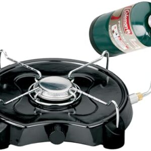 Coleman PowerPack 7500 BTU Propane Camping Stove with compact design, adjustable burner, and removable chrome-plated grate, perfect for outdoor cooking.