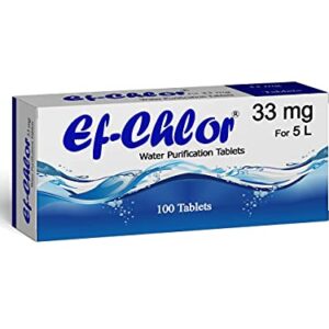 Ef-Chlor Water Purification Tablets - Pack of 100, each purifies 2.64 gallons of water, ideal for emergencies, travel, and camping, featuring easy-to-use, compact tablets with no aftertaste.