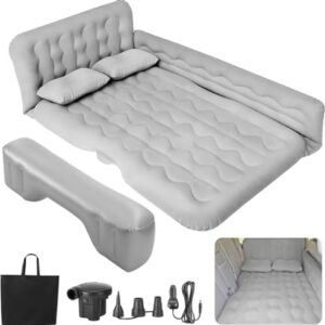 HNXKB SUV Air Mattress with included pump, pillows, and storage bag, showcasing a thick and durable inflatable mattress designed for car camping and travel