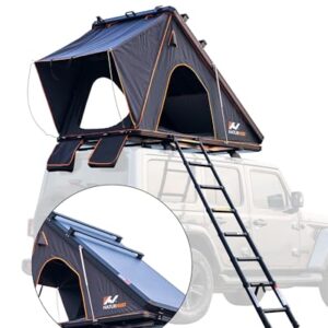 Naturnest Hardshell Rooftop Tent set up on an SUV, showcasing its spacious interior and durable construction with multiple storage pockets and LED lighting.