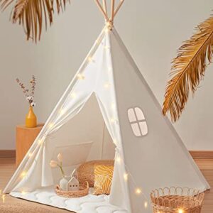 Cozy Tiny Land cotton teepee tent for kids with padded mat, fairy lights, and carry bag, ideal for playrooms and bedrooms, featuring easy assembly and sturdy construction