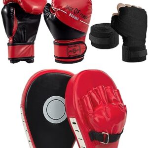 3-in-1 Kids Boxing Gloves and Punching Mitts Set with Hand Wraps for Training MMA, Karate, and Muay Thai