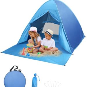 Beach Tent with UPF 50+ UV protection, easily accommodating 2-3 people, shown set up on a sunny beach with visible storage pockets and mesh ventilation screen.