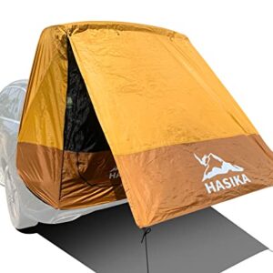 Hasika 2-Person Camping Tent in yellow with sun shade and privacy features, easy setup design, and waterproof protection, set up in an outdoor environment