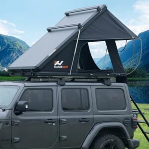 Naturnest rooftop tent hard shell for SUVs, vans, and trucks, featuring a rapid 10-second setup, three-layer mattress, ample storage, and all-weather protection. 