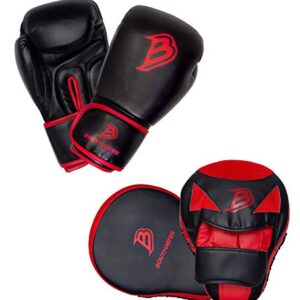 Boutmaster Youth Boxing Training Set featuring red and black boxing gloves and two curved mitts, designed for kids and teens