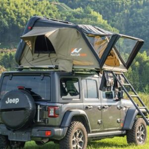 Naturnest Sirius Hard Shell Rooftop Tent on a vehicle, showcasing its quick pop-up design, all-weather protection, and spacious interior, perfect for camping and overlanding adventures.