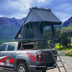 Naturnest Hardshell Roof Top Tent set up on an SUV, showcasing its spacious design, premium mattress, and multiple storage pockets, ideal for camping and outdoor adventures.
