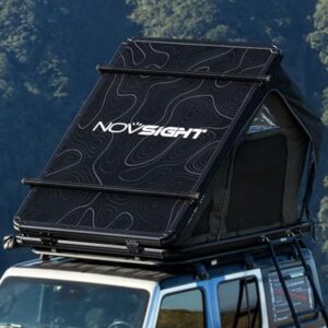 NOVSIGHT Hard Shell Rooftop Tent set up on a Jeep, showcasing its durable aluminum shell, spacious interior, and integrated ladder for easy access.