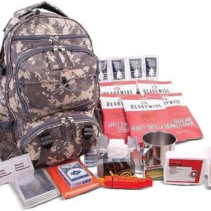 64-Piece Emergency Survival Backpack with freeze-dried food, portable stove, flashlight, and essential supplies for hurricane preparedness and outdoor adventures