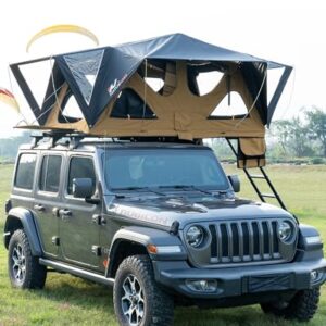 Naturnest Andromeda Rooftop Tent mounted on a vehicle, showcasing the spacious interior with foam mattress, panoramic sunroof, and telescopic ladder. Perfect for SUV and truck camping.