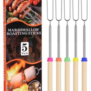 32-inch extendable marshmallow roasting sticks with colorful handles and stainless steel forks, ideal for campfire and fire pit use.