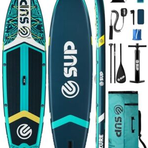11' Inflatable Paddle Board with a cup holder, featuring a 33" wide design for enhanced stability, complete with accessories including a pump and backpack.