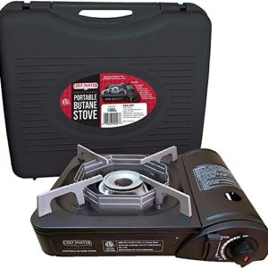 Chef Master Portable Butane Stove in black with piezo ignition, safety features, and included carrying case, shown in a compact, easy-to-use design.