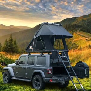 Nature Nest Hard Shell Rooftop Tent mounted on a vehicle, showcasing its robust aluminum roof pole, spacious interior with a 6.5 cm thick mattress, and complete camping gear including LED light strips and ladder. 