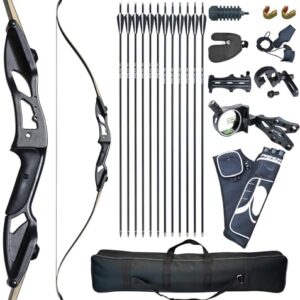 D&Q Recurve Bow and Arrow Set for right-handed archers, including a takedown bow, 12 fiberglass arrows, bow case, quiver, and accessories for hunting and target practice