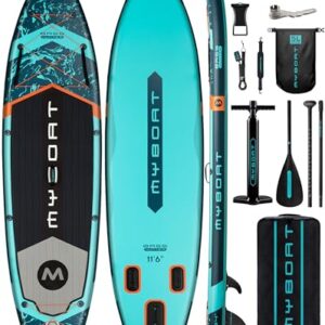 11'6"×34" Extra Wide Inflatable Paddle Board with Camera Mount, Dual Bungees, and Complete Accessory Kit – Ideal for Fishing and All Skill Levels
