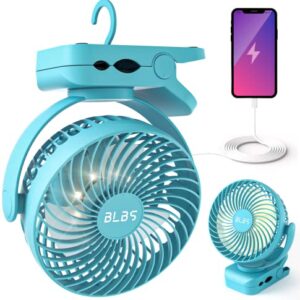Portable Camping Fan with LED Light and Power Bank feature. Includes 12000mAh battery, clip-on design, and adjustable speeds