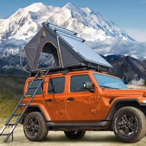 Hard shell rooftop tent on an SUV, showing a durable and all-weather design with easy setup, 6.5cm mattress, and aluminum luggage poles.