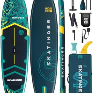 11'6" x 35" Inflatable Paddle Board with extra-wide design, featuring handles, US Fin system, and complete accessories kit including a backpack, pump, and more.