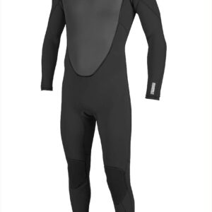 Front view of the O'Neill Men's Reactor-2 3/2mm Full Wetsuit in black, featuring a back zip closure and seamless paddle zones for enhanced flexibility. 