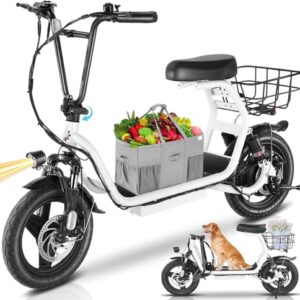 Caroma 1200W Electric Scooter with 14" fat tires, foldable design, and a comfortable seat, showcasing its powerful motor, long range, and advanced safety features.
