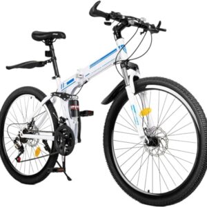 White and blue 26-inch foldable mountain bike for adults, featuring 21-speed transmission and durable carbon steel frame. 