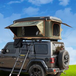 Naturnest Hard Shell Rooftop Tent mounted on a vehicle, featuring a quick-setup design, LED light strip, and various storage options, perfect for camping and outdoor adventures.