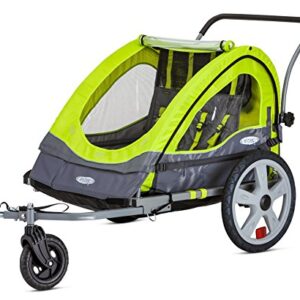 Green InStep Quick-N-EZ double tow-behind bike trailer, shown attached to a bicycle, with a protective canopy and spacious seating for two children
