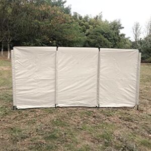 Portable windscreen made of beige Oxford cloth, set up as a protective barrier for outdoor cooking and picnicking. Features include flame resistance and adaptability in shape.