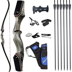 60'' Takedown Recurve Bow and Arrow Set with fiberglass limbs, bamboo laminates, and adjustable draw weight, ideal for hunting and target practice.