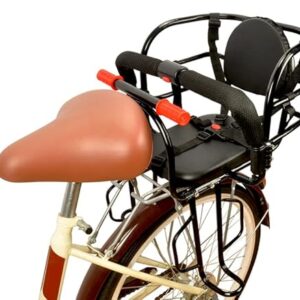 A black rear-mount child bike seat securely attached to a mountain bike, showing the cushioned seat, footrests, and safety handlebar, ready for a comfortable and safe ride with a child.