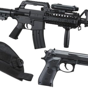 GoldenBall M4 Airsoft Combo including a spring-powered rifle, lightweight ABS plastic pistol with holster, flashlight, red dot sight, and 450-round high-capacity clip, designed for beginners