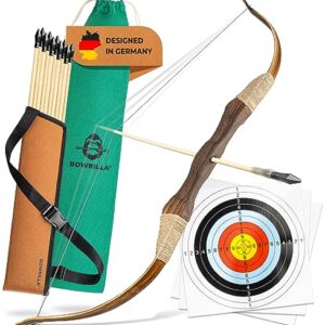 BOWRILLA® Kids Wooden Bow and Arrow Set with 10 arrows, a felt quiver, 3 targets, and a cotton storage bag, designed for indoor and outdoor play