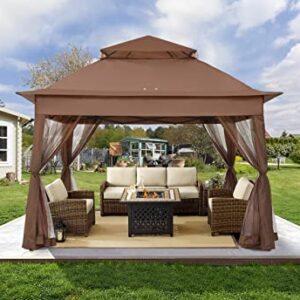 COOSHADE 11x11 ft pop-up gazebo with brown canopy, featuring a fully assembled steel frame, extended eaves, mosquito netting walls