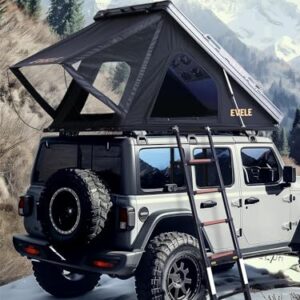 2-3 Person Off-Road Hard Shell Rooftop Tent mounted on a Jeep, showcasing its sturdy design and spacious interior with a built-in mattress and telescopic ladder.  