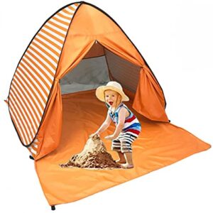 Pop-up beach tent with UPF 50+ sun protection, featuring a stargazing roof, lightweight design, and mesh windows for ventilation, ideal for outdoor activities and family outings.
