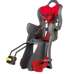 Bellelli B-One rear-mounted child bike seat in dark grey, designed for kids aged 3-8, with wide leg protection and adjustable harness, mounted on a bicycle.